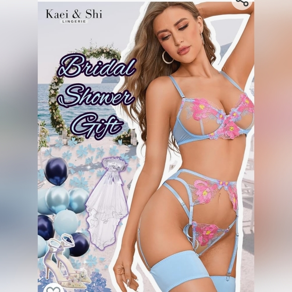 Kaei&Shi Floral Embroidered, Underwire, G-String, Garter Belt, 4 Pieces Lingerie - Picture 4 of 6